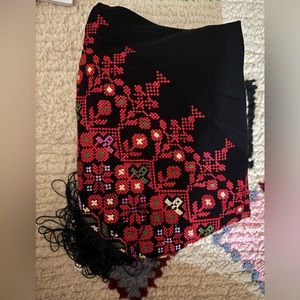 Palestinian Tatreez (Embroidery) Shawl with Black Tassels